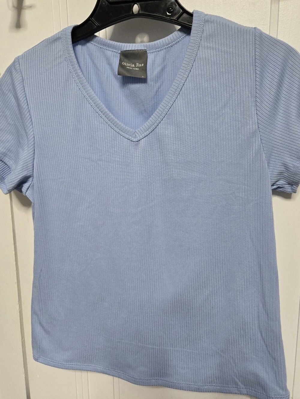 Olivia Rae Sky Blue Ribbed V-Neck Short Sleeve Top